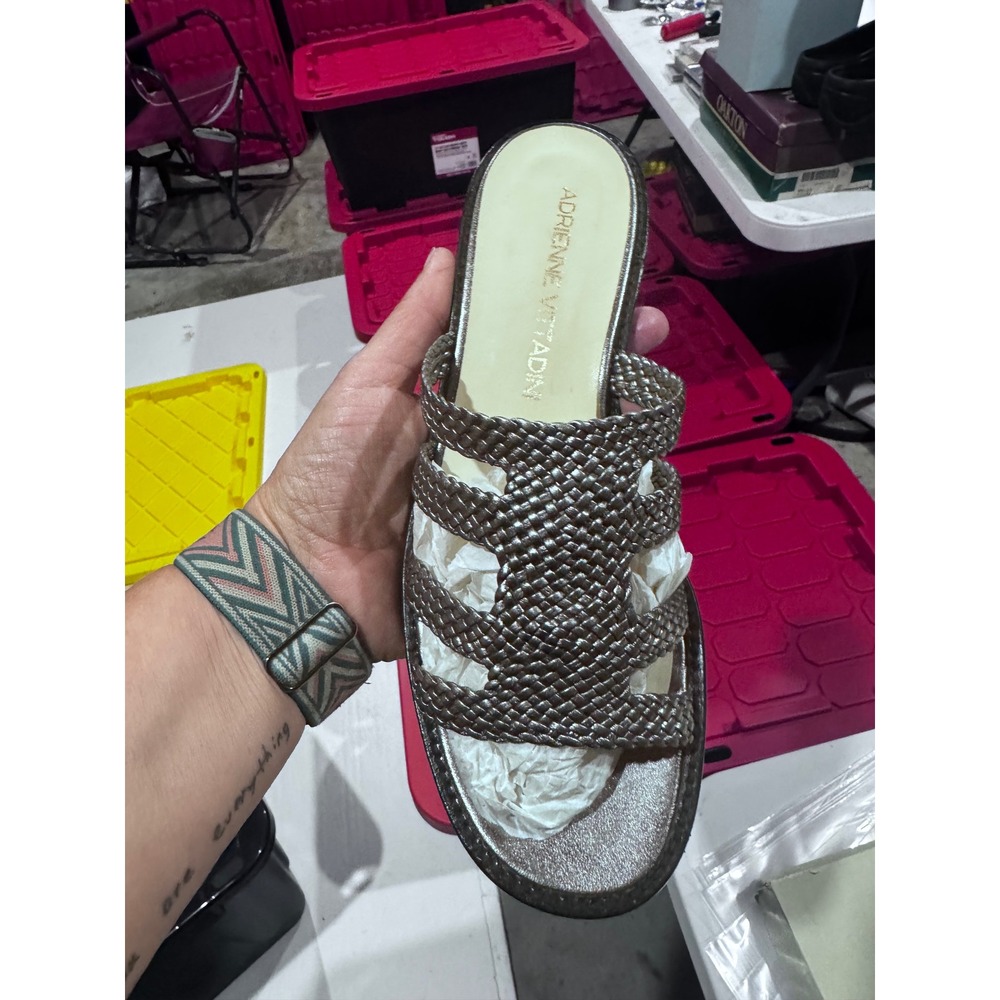 Adrienne Vittadini Atto Bis Metallic Pewter Woven Leather Block Heel Sandals 7.5